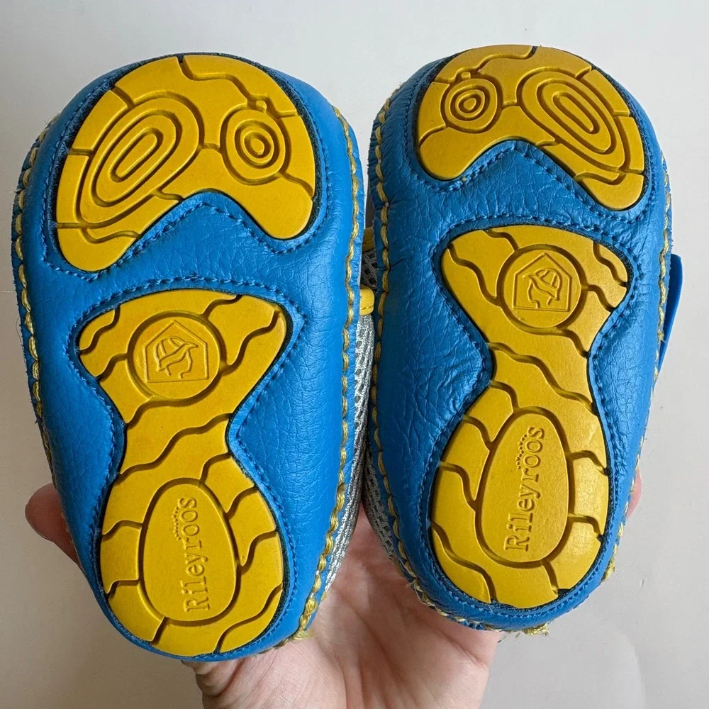Rileyroos Baby Shoes Blue‎ Grey Yellow Leather Mesh Strap 6-12 Months Soft Sole
